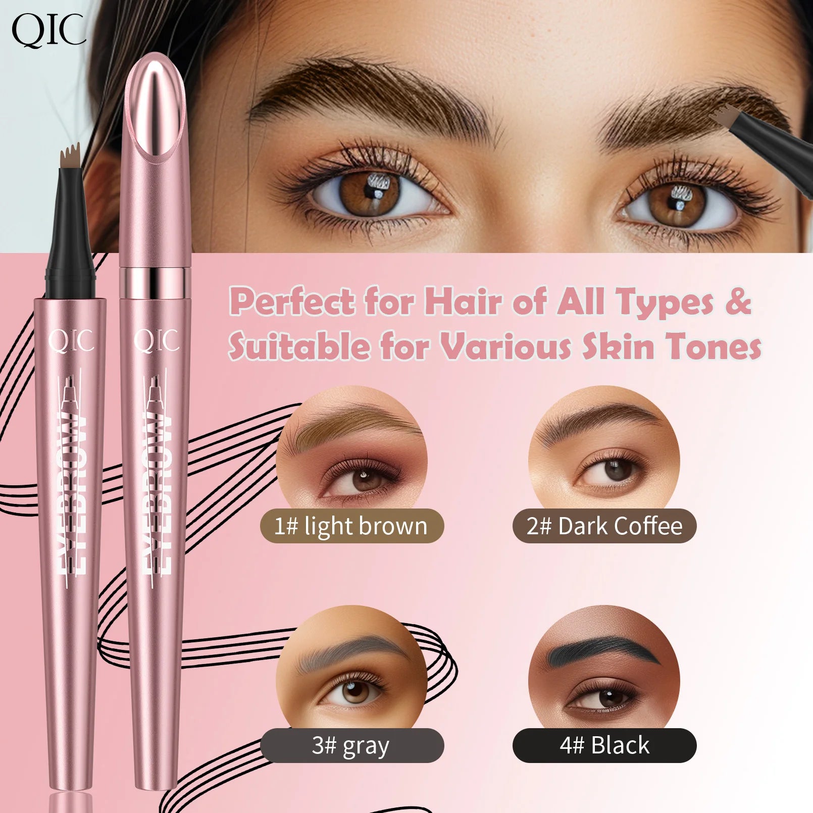 QIC Waterproof Microblading Eyebrow Pen - 4 Split Head, Natural Look Brow Makeup in 6 Colors for All Skin Types