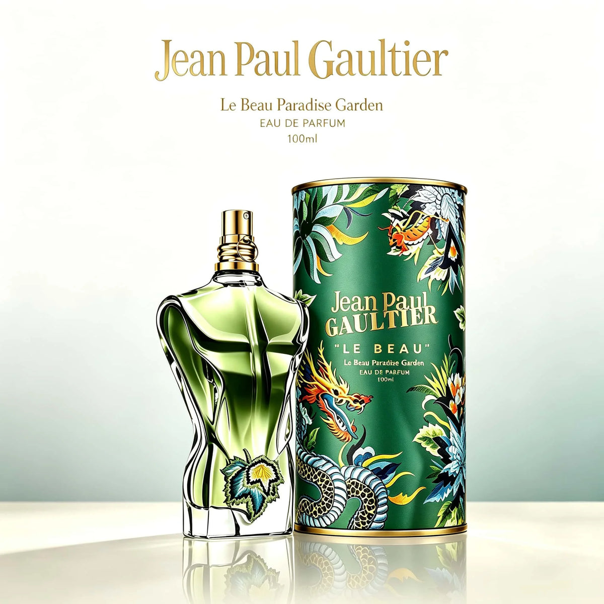 Jean Paul Gaultier Le Beau Paradise Garden Men Perfume 100ml, Special Human Torso Design Green Bottle With Ornate Dragon Floral Tin Box, Bright Fresh Spicy Woody EDP Fragrance For Daily Party Dating