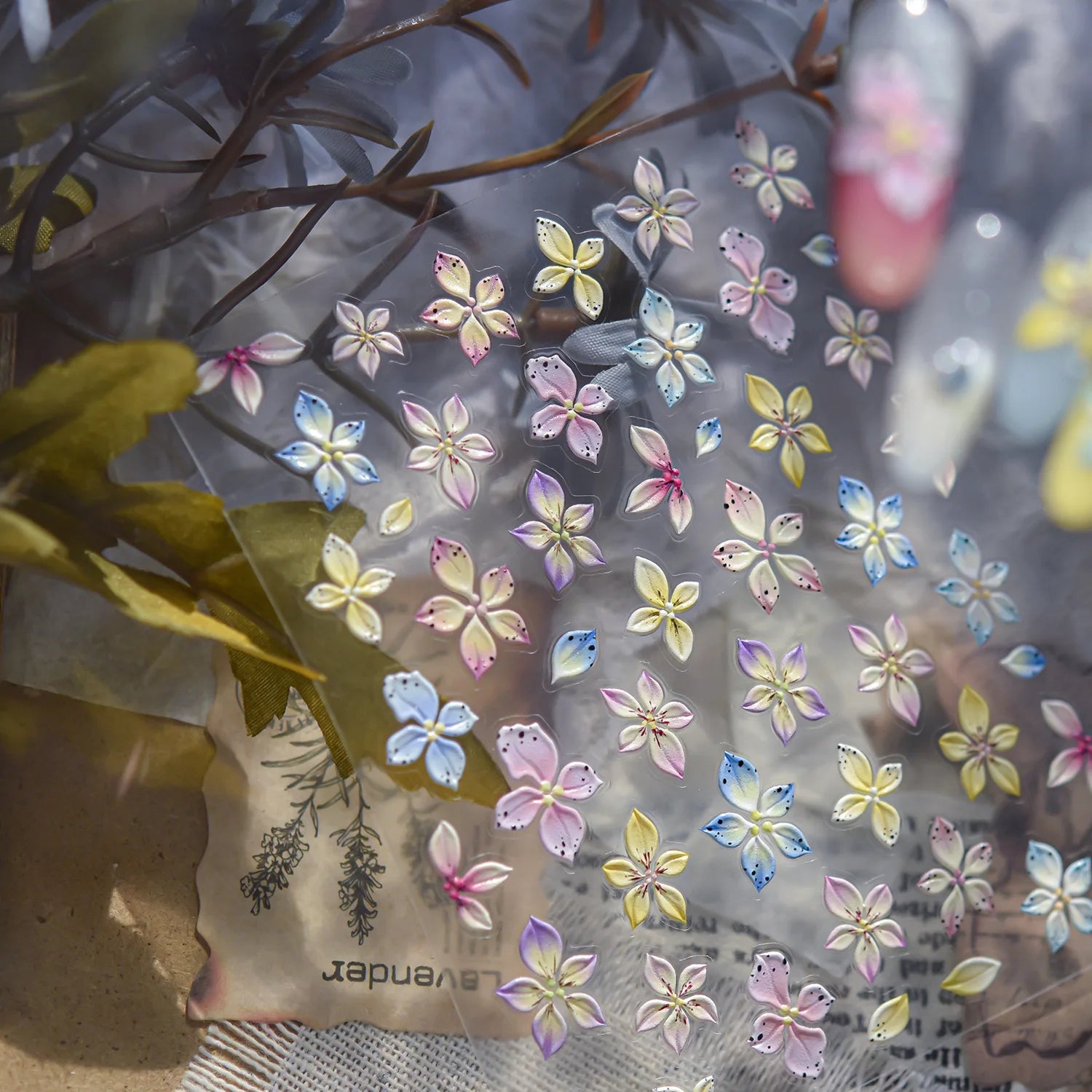 1Pc 3D Lavendar Flowers Stickers for Nails Spring Sakura Floral Leaves Self-Adhesive Sliders Decals Art Manicure for Decoration