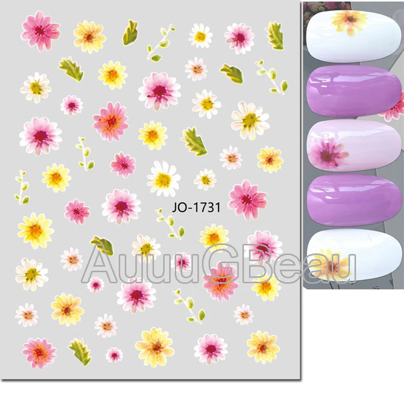 3d Nail Art Decals Geometric Lines Daisy Sunflowers Letters Adhesive Sliders Nail Stickers Decoration For Manicure