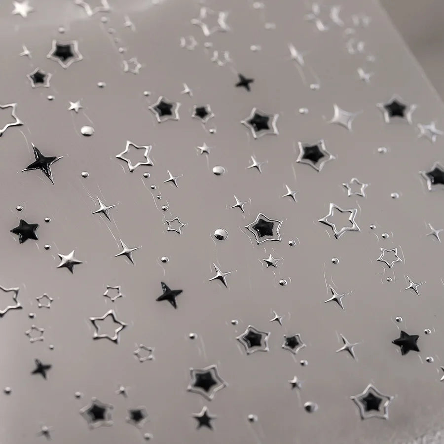 5D Luxury Star Nail Stickers for Nail Art Stars Black Silver Nail Decals Gilding Hollow Out Five-Pointed Nail Art Design Slider