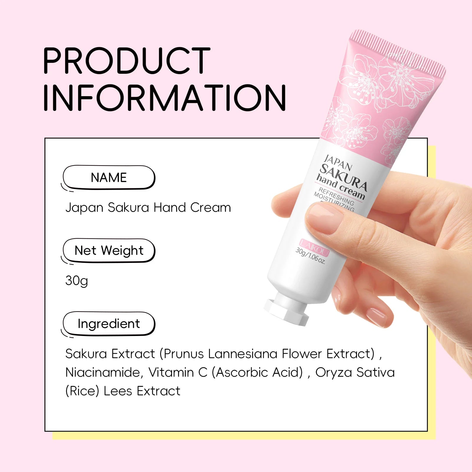 LAIKOU Sakura Hand Cream Hydrating Moisturizing Nourishing Smoothing Brightening Repairing Non‑Greasy For Dry Rough Skin 30g