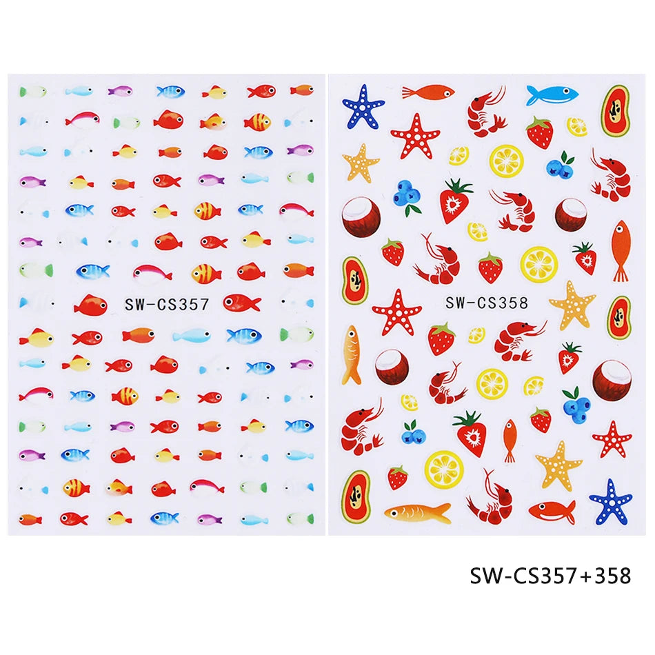 2pcs Mini Fish Nail Stickers Summer Ocean Fish Starfish Lobster Lemon Fruit Self-Adhesive Nail Decals DIY Manicure Decoration