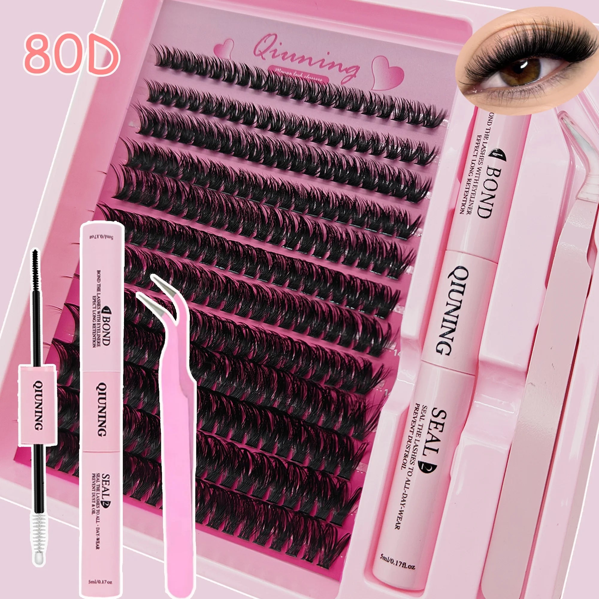 QIUNING Eyelash Clusters Kit Fluffy Individual Lashes Lash Bond and Seal and Remover Faux Mink Lashes Eyelash Extension DIY