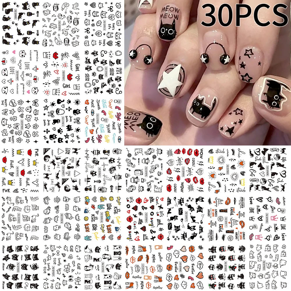 30Pcs 3D Halloween Cartoon Ghost Spider Bat Pumpkin Nail Stickers Mixed Punk Black Halloween Nail Decal 5x6cm Manicure Slider &*