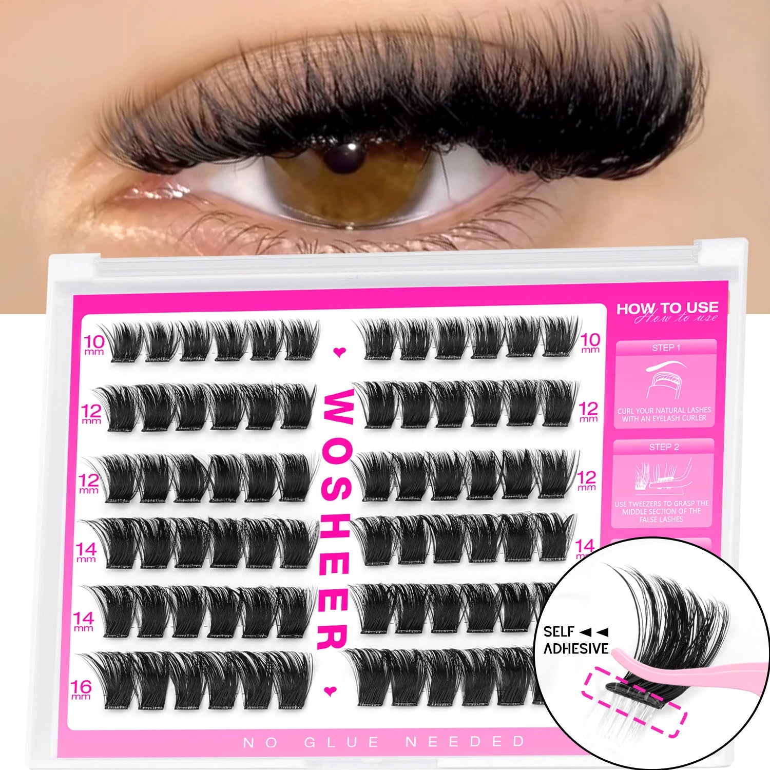 WOSHEER Self Adhesive Lash Clusters Pre Glued Eyelash Clusters No Glue Needed Lashes Wispy Eyelash Extensions Individual Lashes