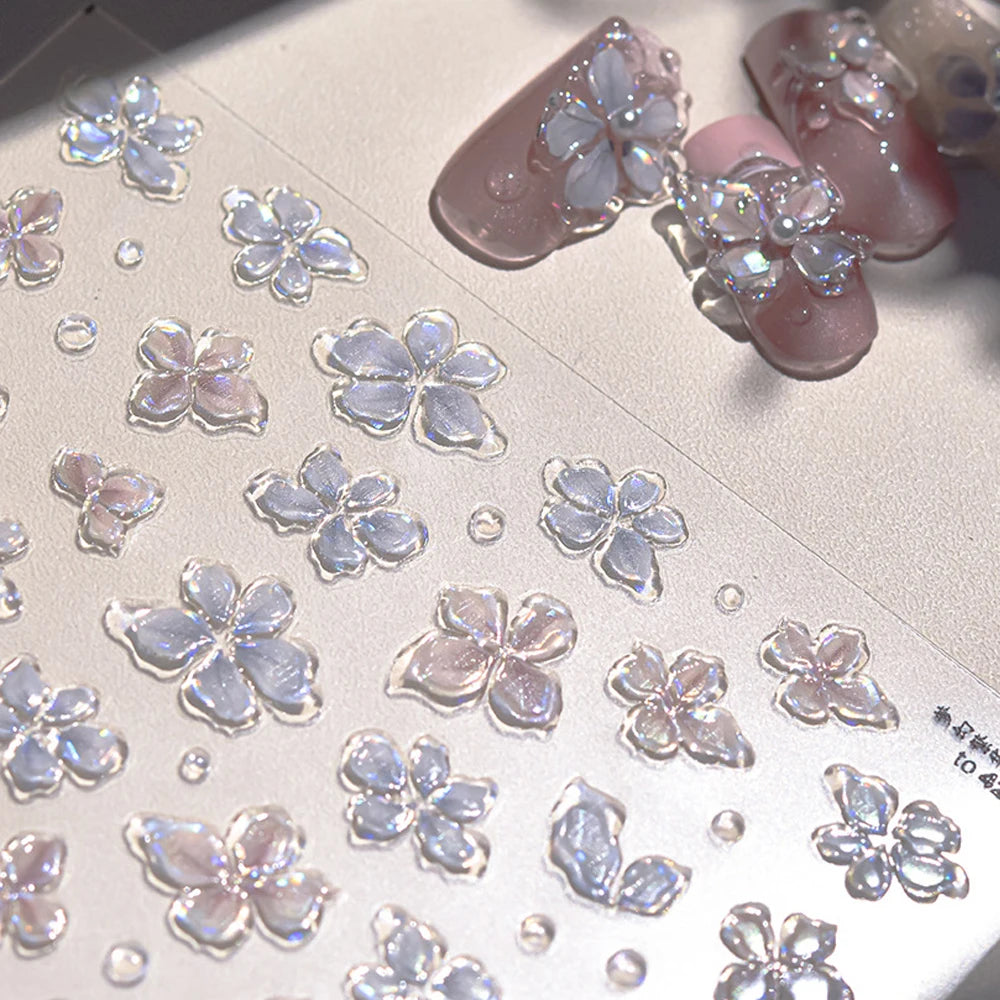 5D Jelly Flower Nail Stickers Delicate Petal Blossom Shiny Like Translucent Floral Self Adhesive Decoration Manicure Decal DIY