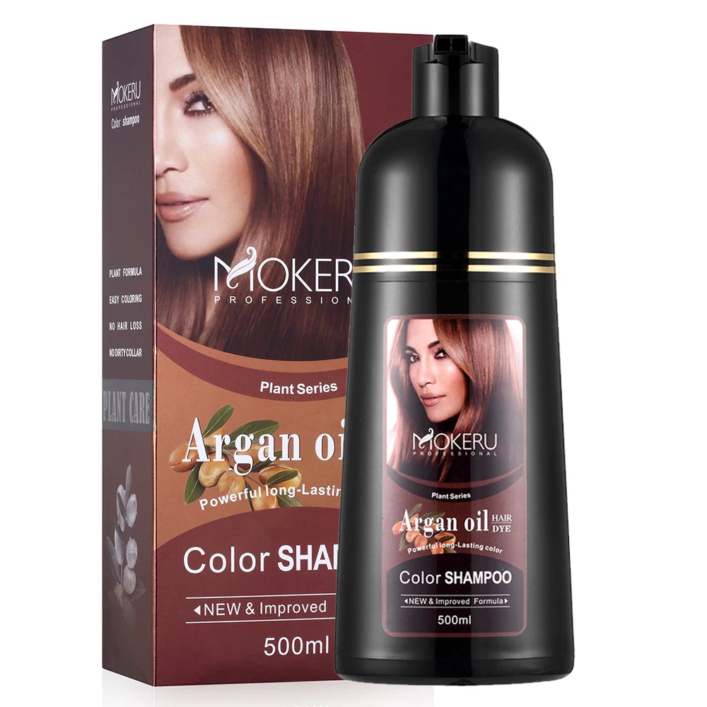 Mokeru 500ml Argan Oil Essence Natural Long Lasting Dark Brown Permanent Hair Dye Shampoo For Gray Hair Women Fast Color Dyeing