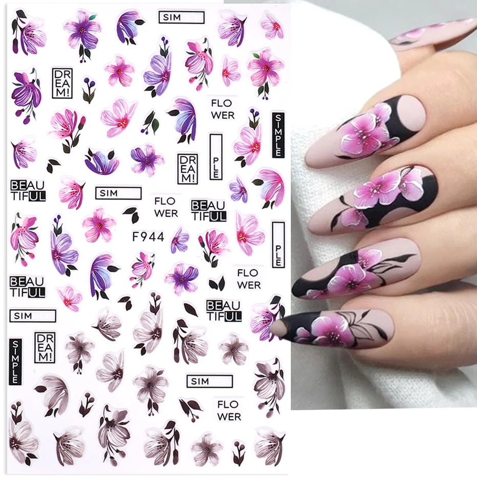 3D Flower Petal Nail Stickers Purple Pink Tulip Leaf Clover Summer Avocado Fruit Geometric Line Floral Manicure Decoration