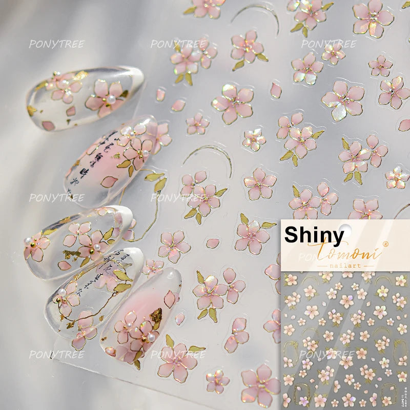 Elegant Pink Purple Flower Rose Colourful Gentle Petal Peach Blossom Metal Shiny Self Nail Art Sticker Decoration Manicure Decal