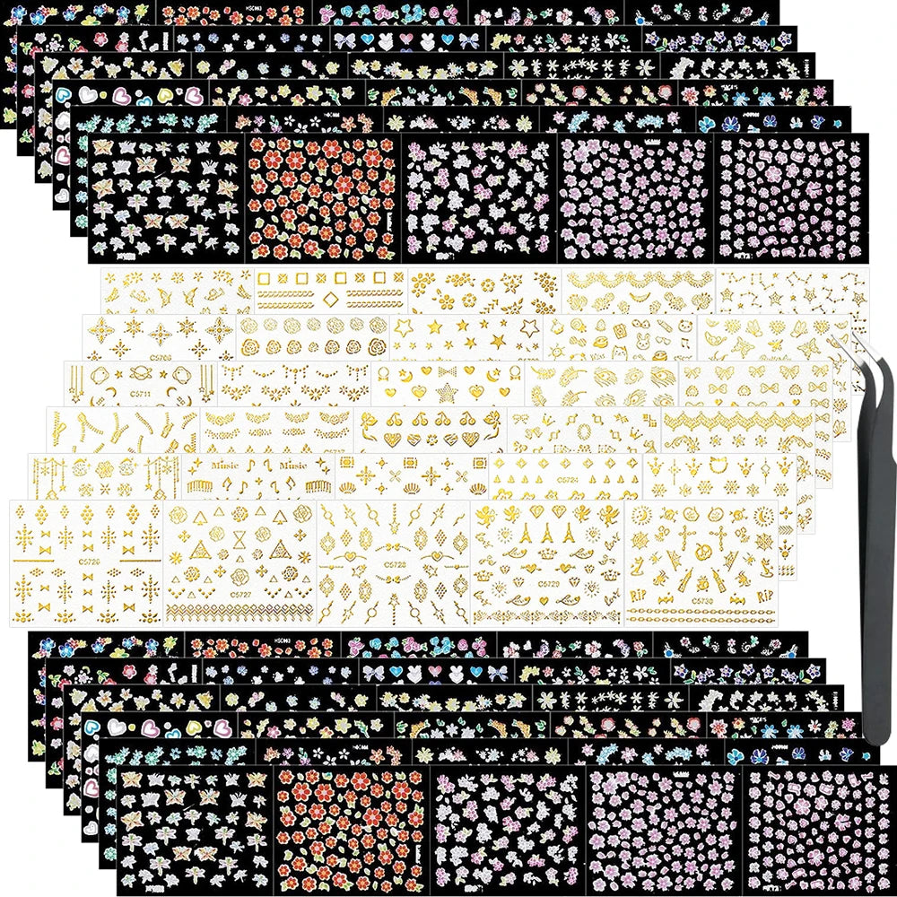 3D Colorful Flowers Cherry Blossoms Rose Daisy Nail Decals 20/30/60/70/90pcs Cute Heart Nail Sticker Manicure Decoration 5.5*6cm
