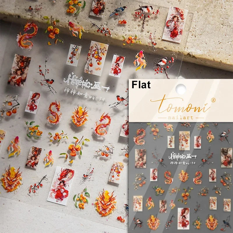 5D Kawaii Ink Wash Fairy Fox Dragon Loong Nail Art Stickers Cartoon Star Animals Backglue Nail Decoration Decals Accessories