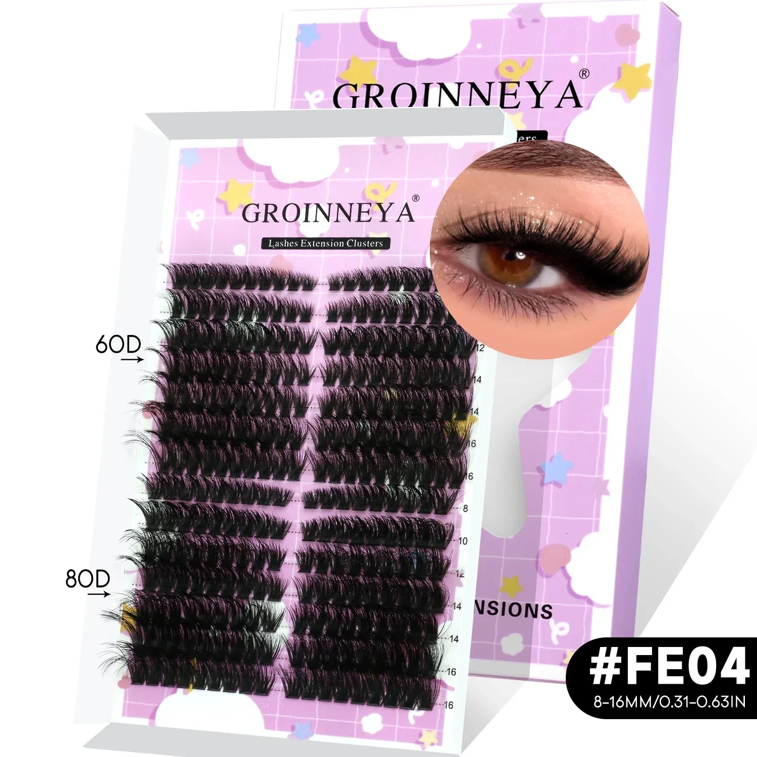 GROINNEYA Lash Clusters Kit Natural Cat Lashes Winged End Eye Elongated Eyelashes With Lash Bond & Seal Cluster Kit DIY at Home