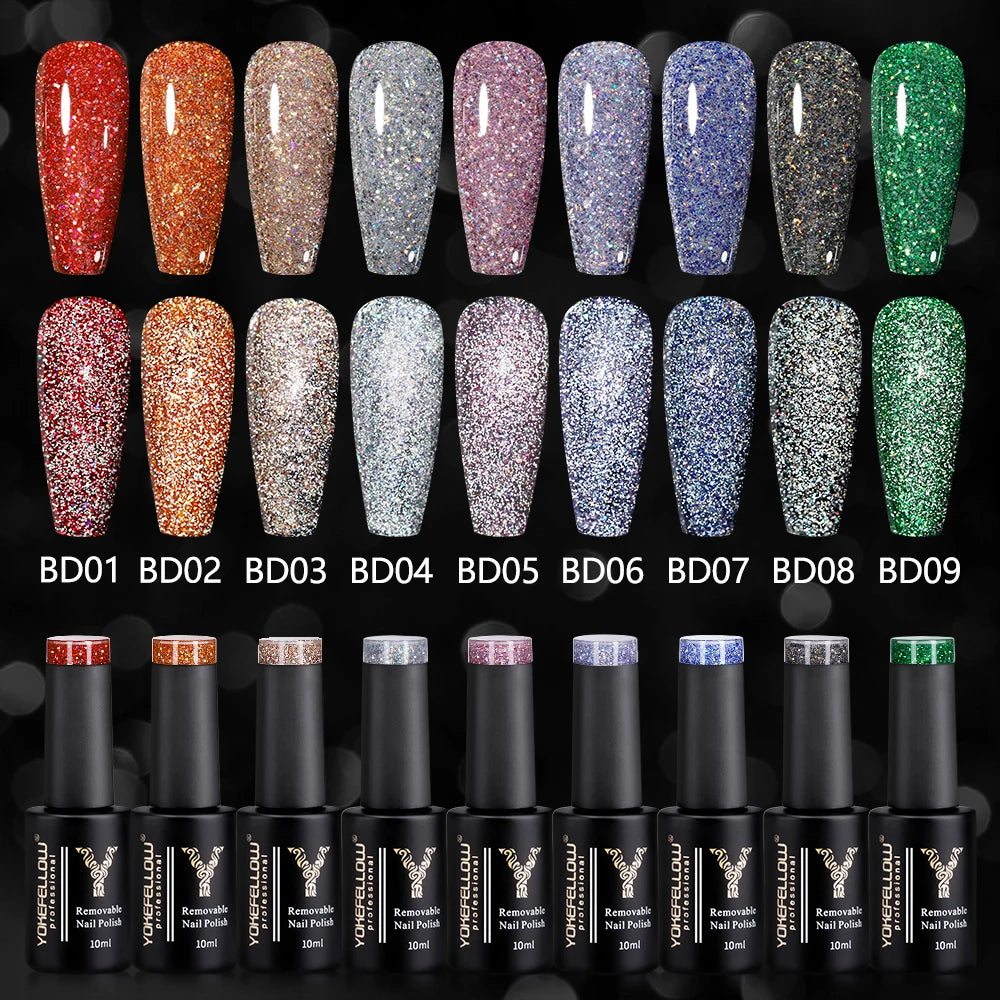2024 New YOKEFELLOW 10ML Reflective Glitter Gel Nail Polish Soak Off UV Gel Varnish Colorful Nail Gel Polish For Manicure