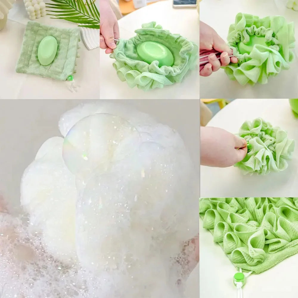 2-In-1 Bath Ball Towel Loofah With Drawstring Closure For Soap Soft Exfoliating Mesh Shower Sponge Body Skin Care Bathing Tools