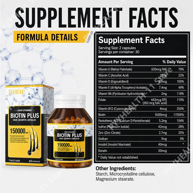 Biotin Plus Hair Growth Capsules with Collagen and Keratin, Vitamins A C E B12 Folate Hair Vitamins Hair Nutrition Support