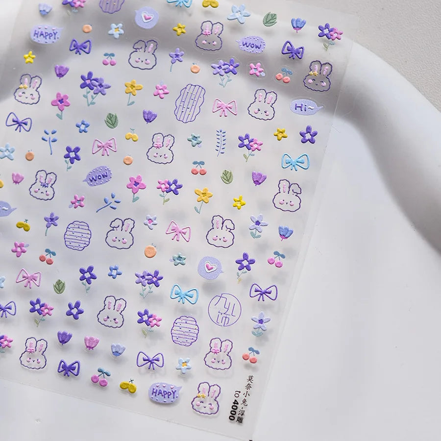 1pcs Japanese Cute Graffiti Lines Nail Art Stickers 5D Embossed Butterfly Rabbit Nail Art Accessory Stickers Self Adhesive Decal