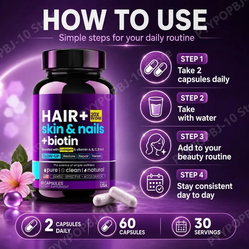 HAIR Skin Nails Beauty Formula with Biotin 10000mcg Collagen Hyaluronic Acid Daily Beauty Support 60 Capsules for Man and Woman