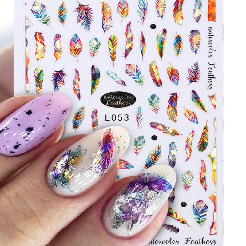 3D Nail Stickers Colorful Gold Feathers Holographic Laser Leaf Flower Stickers Spring Summer Slider for Nails Manicures Decor