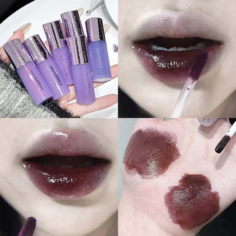 Water Light Lip Gloss Purple Mulberry Mirror Glass Lip Glaze Moisturizing Plump Lip Non Stick Cup Waterproof Long Lasting Makeup