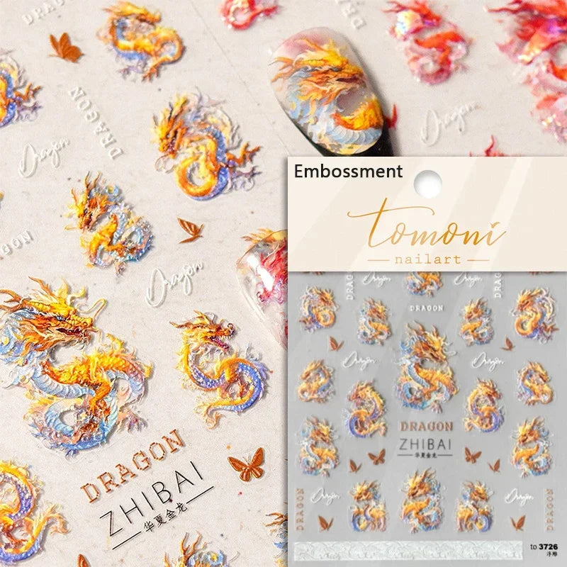 5D Kawaii Ink Wash Fairy Fox Dragon Loong Nail Art Stickers Cartoon Star Animals Backglue Nail Decoration Decals Accessories