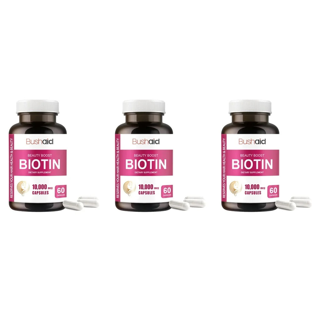 Bushaid Biotin 10000mcg Hair Growth Skin Nails Support Vitamin C E Zinc Selenium Horsetail Non-GMO Vegan Gluten Free 60 Capsules