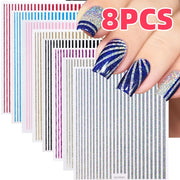 8Pcs/Set 3D Laser Glitter Colorful Metallic Line Nail Stickers Gold Silver Line Wave Stripe Nail Art Decals Kit Manicure Sliders