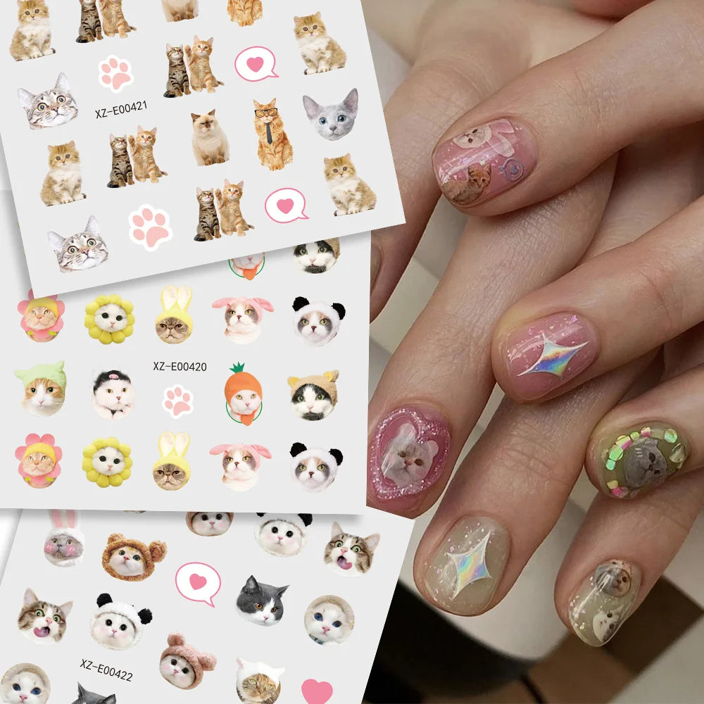 30pcs Cute The Cat Dog in the Hat Nail Stickers 3D Lovely Animal Kitten Puppy Pets Nail Decals Self-Adhesive Cartoon Nail Slider