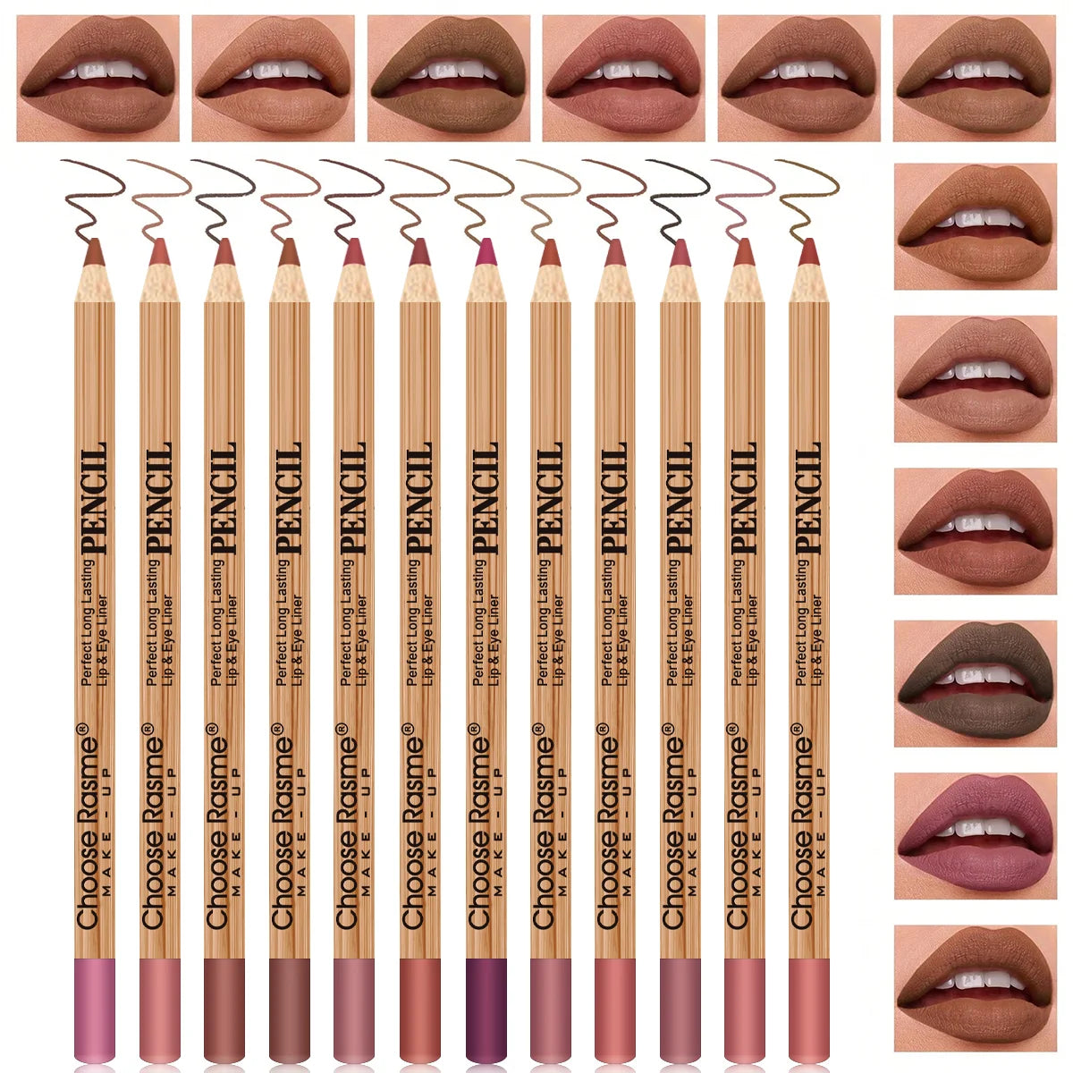 12-color lip liner set, wooden design, can be sharpened, matte nude shades, easy-to-apply lipstick liners