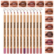 12-color lip liner set, wooden design, can be sharpened, matte nude shades, easy-to-apply lipstick liners