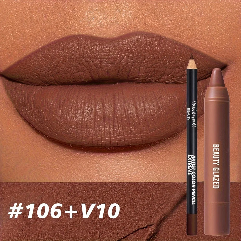 2pcs Matte Lip Liner & Gloss Set - Long-Lasting Waterproof, Non-Stick Formula with Precision Tip, Matte Lip Pencil & Gloss Combo