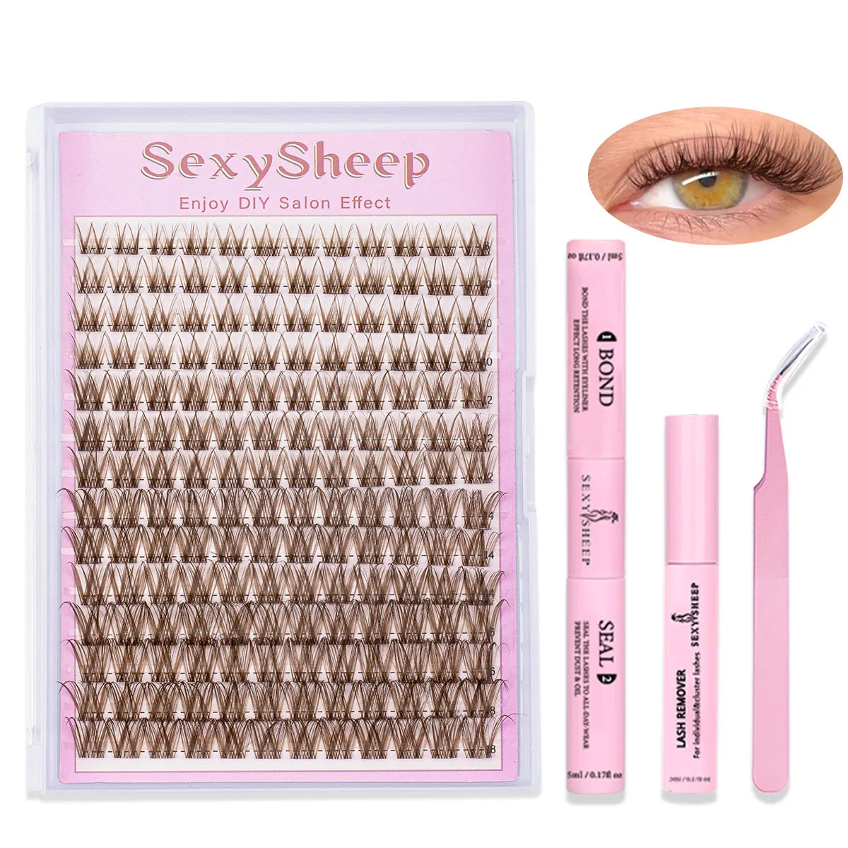 Eyelash Extension Kit DIY Brown Lash Clusters Cosplay Natural Individual Lashes Kit Strong Hold with Lash Bond & Seal Tweezers