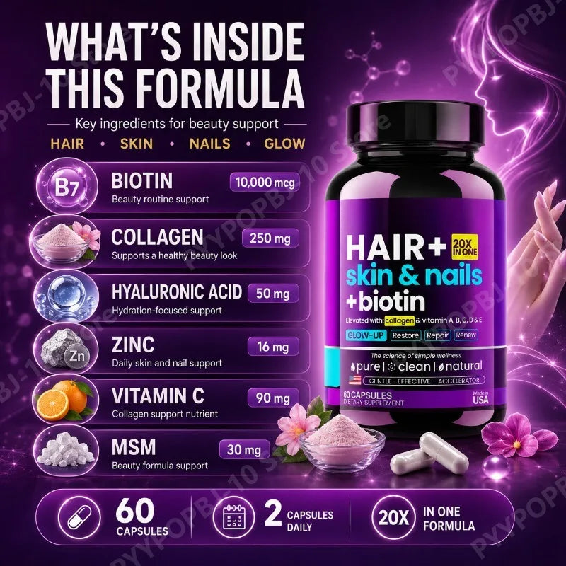 HAIR Skin Nails Beauty Formula with Biotin 10000mcg Collagen Hyaluronic Acid Daily Beauty Support 60 Capsules for Man and Woman