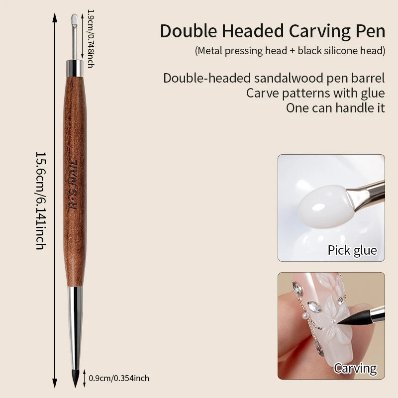 RSNAIL 1/2PCS Wooden Double Head Nail Art Brush Silicone Carving Pen Nail Supplies Carving Flower Painting Pen for Nail Art Tool