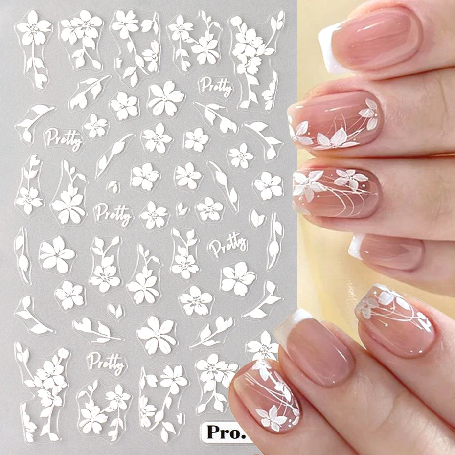 2pcs White Flower 3D Nail Art Stickers Sakura Blooming Florals Leaf Self-Adhesive Nail Decorations Sliders for DIY Manicure
