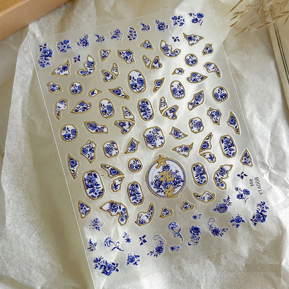 Blue Bronzing Flower Nail Stickers Chinese Style Blue and White Porcelain Nail Decals Back Glue Adhesive French Nail Art Sticker