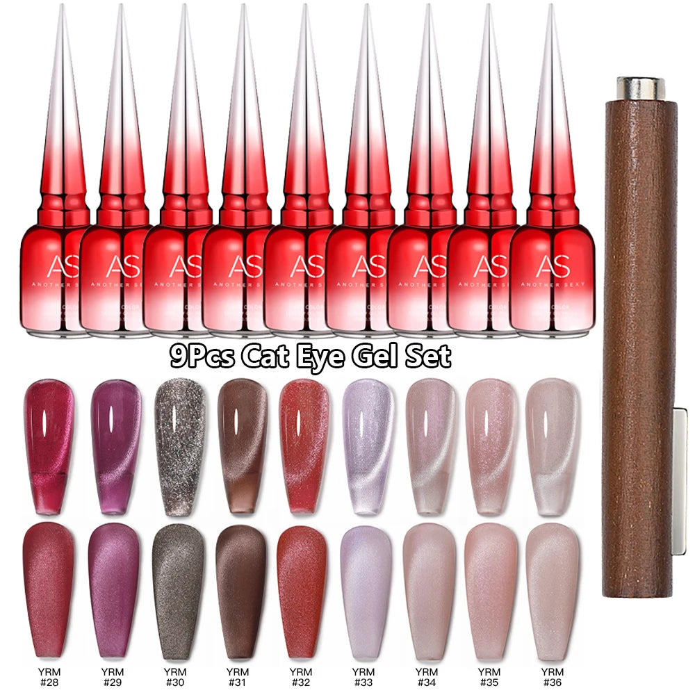 AS 9pcs Cat Eye Magnetic Moonlight Gel Nail Polish Set 15ml Sparkle White Silver Water Light Red UV Gel Nail Art Manicure Vernis