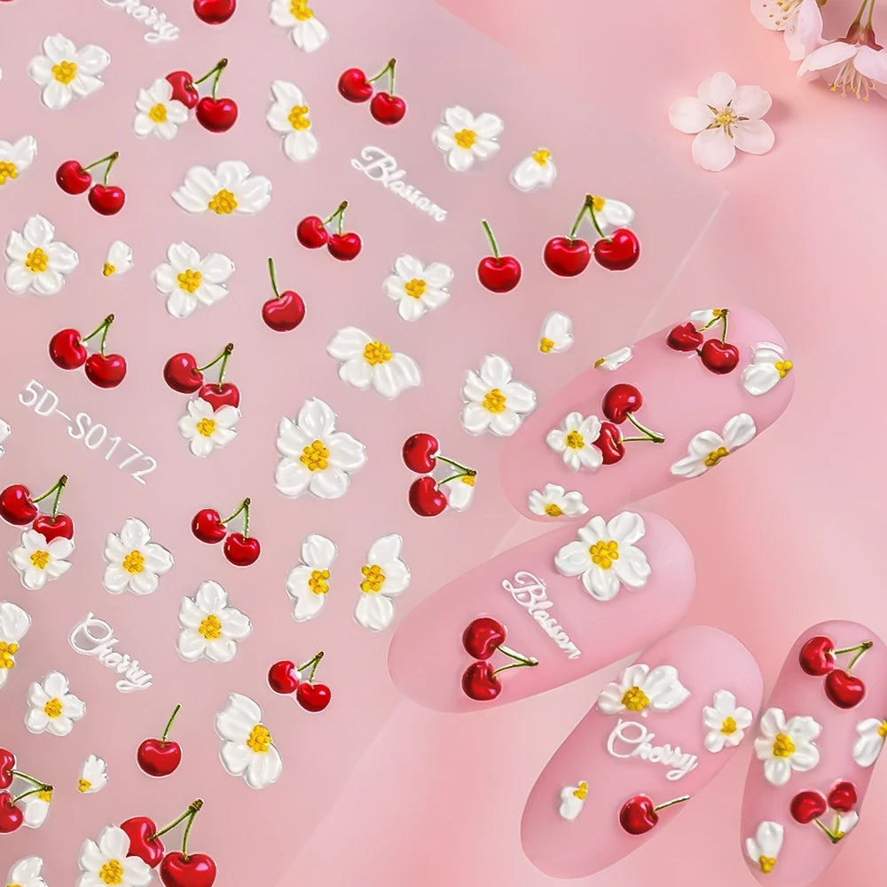 1Pcs 5D Cherry Daisy Nail Stickers Cute 3D Red Cherry White Flower Self-Adhesive Nail Art Decals Summer DIY Manicure Decoration