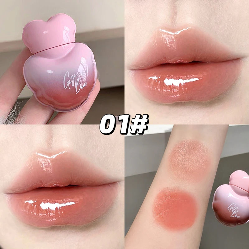 Gege Bear Heart Shape Water Light Lip Llaze Mirror Lipstick Lip Gloss, Hydrating Moisturizing, Long Lasting