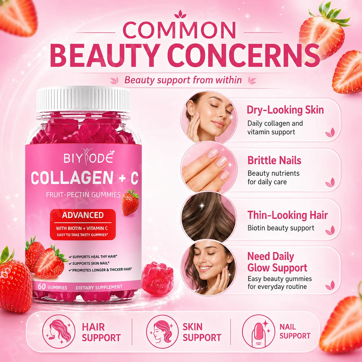 BIYODE Collagen + Vitamin C Gummies with Biotin, Strawberry Fruit Pectin Beauty Supplement for Hair Skin Nails Support, 60 Count
