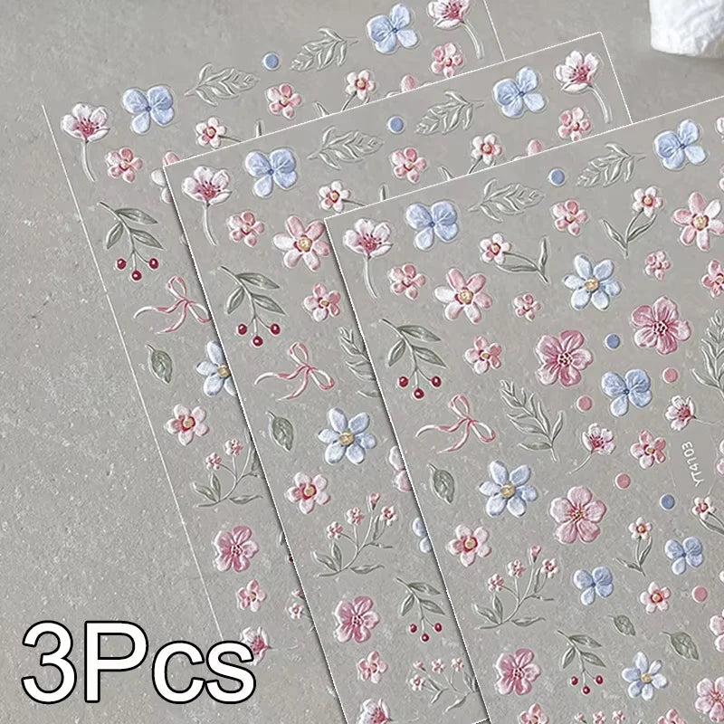 3Pcs White Lace 5D Nail Art Stickers Y2k Embossed Flowers Heart Petals Elegant French Decals Wedding Nails Manicure Decorations