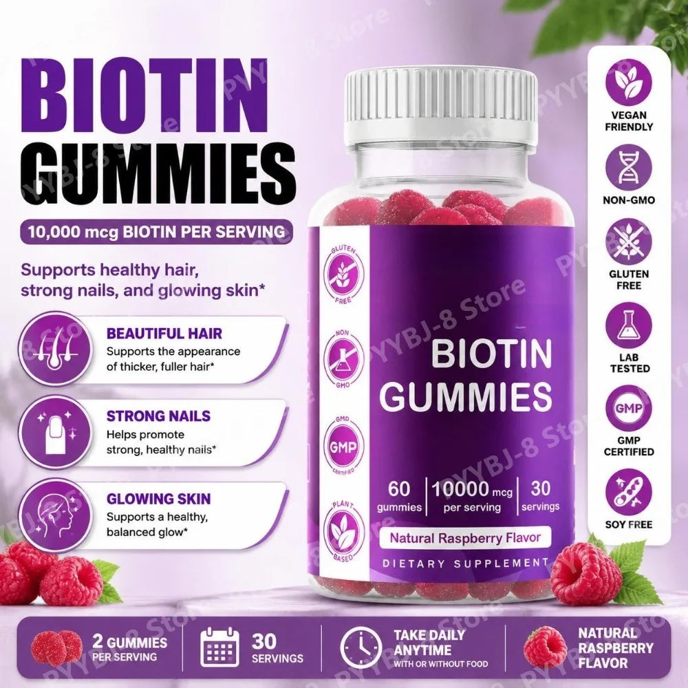 Biotin Gummies with Vitamin Vegan Gluten Free Soy Free Natural Raspberry Flavor Support Hair, Nail, and Skin Health 60 Gummies