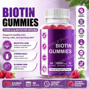 Biotin Gummies with Vitamin Vegan Gluten Free Soy Free Natural Raspberry Flavor Support Hair, Nail, and Skin Health 60 Gummies