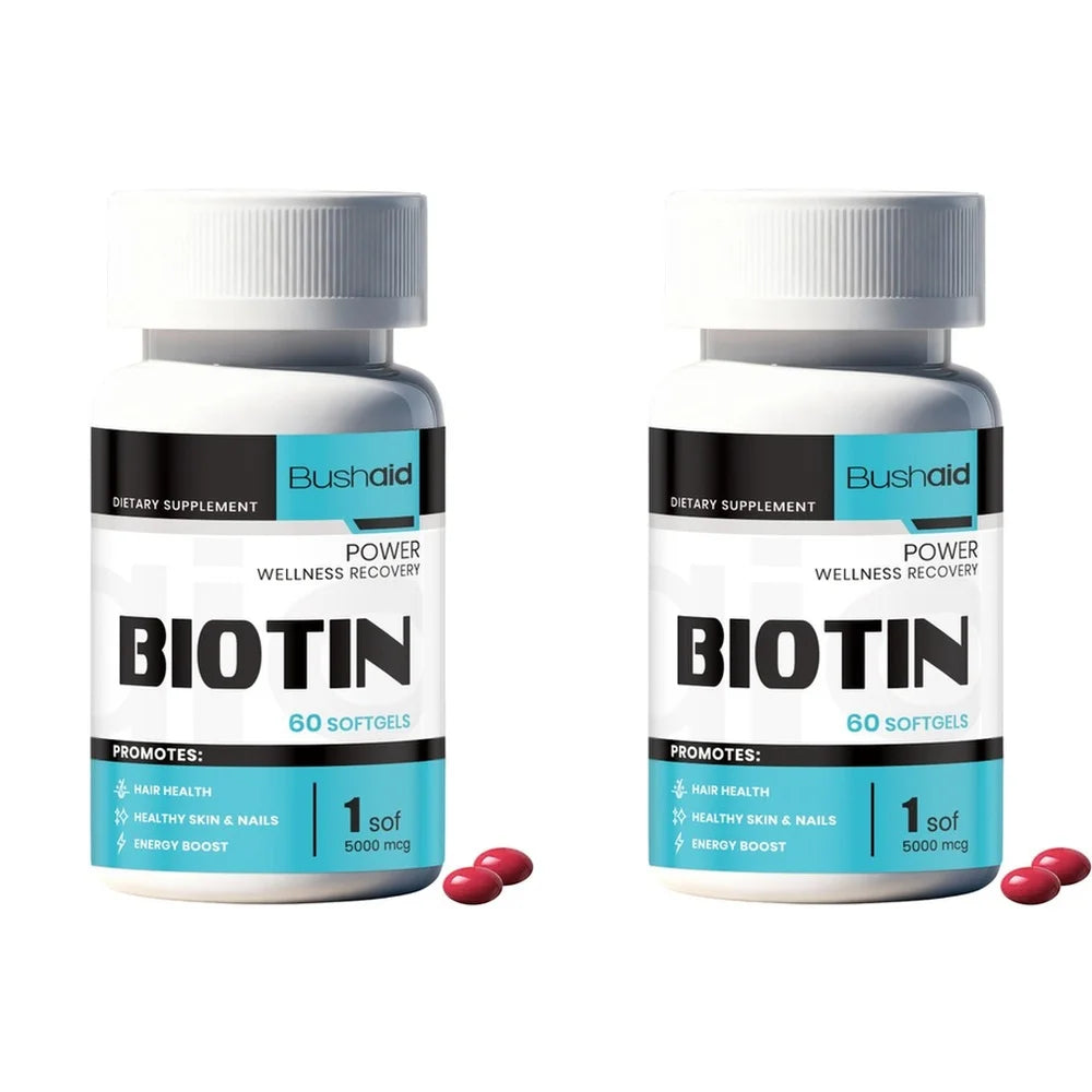 Bushaid Biotin 5000mcg Softgels Hair Skin Nails Vitamin B7 Keratin Support Energy Non-GMO Gluten Free 60 Softgels 60 Day