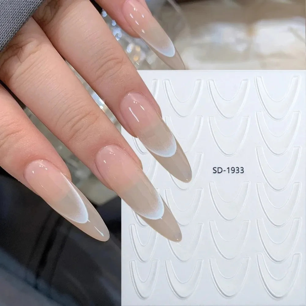 2 Sheets French Gradient Line Nail Art Stickers 3D Self Adhesive White Black Household Salon Manicure Supply