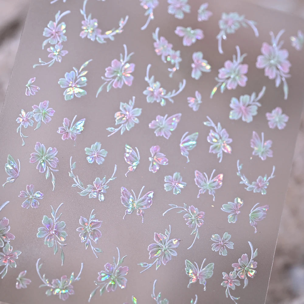 5D Pink Blue Floral Nail Art Stickers Petals Leaf Plant Embossed Nail Decals Spring Summer Flower Design for DIY Nail Supplies