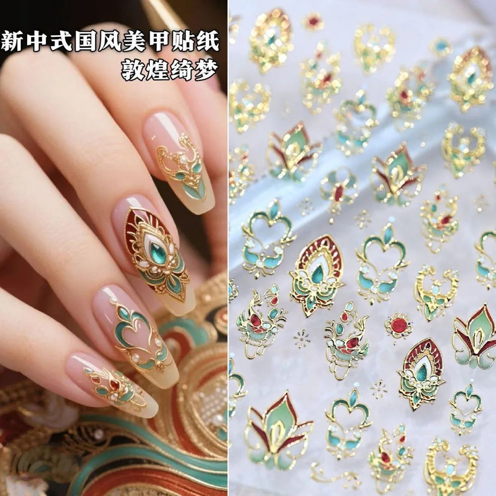 5D Luxury Gold Scepter Nail Art Stickers Gorgeous Gemstone Elegant Courtly Pattern Deca Necklace Frame Self Adhesive Nail Sticke