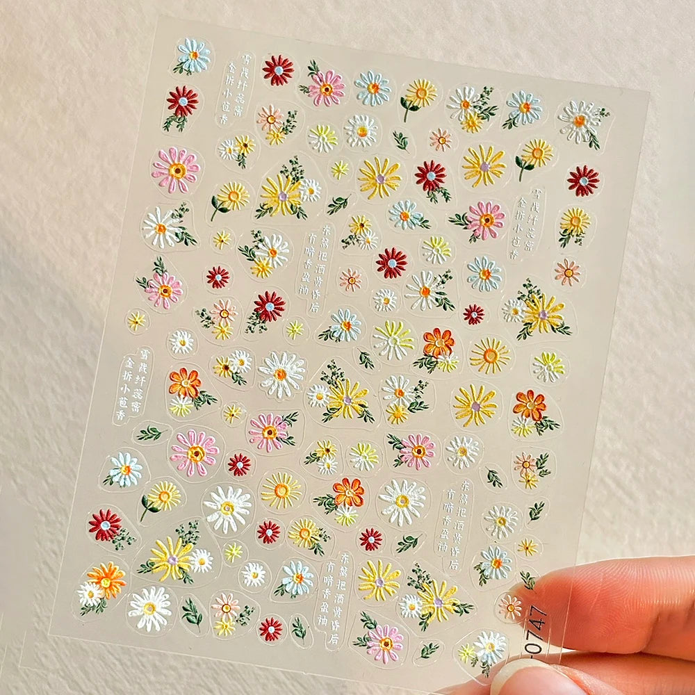 5D Pink Blue Floral Nail Art Stickers Petals Leaf Plant Embossed Nail Decals Spring Summer Flower Design for DIY Nail Supplies