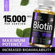 Biotin Supplement - 15,000 Mcg with Collagen and Keratin, Vitamins, Shiny Hair, Skin and Nails, Joint Health, 30/60/120 Capsules