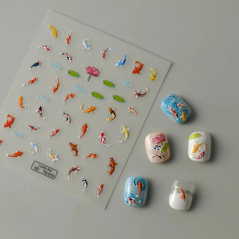 5D Koi Carp Nail Sticker Green Lotus Kawaii Red Carp Nail Slider for Manicure Relief DIY Acrylic Nails Fish Accessories Decal